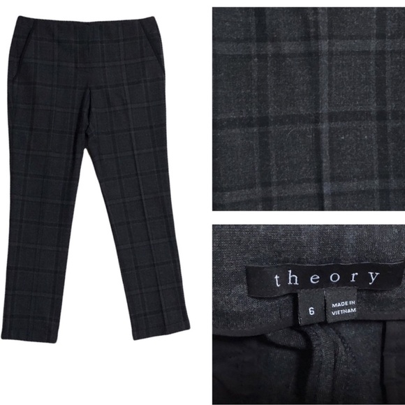 Theory Pants - Theory Indra C Grey Plaid Cuff Ankle Slim Straight Leg Wool Blend Pant 6